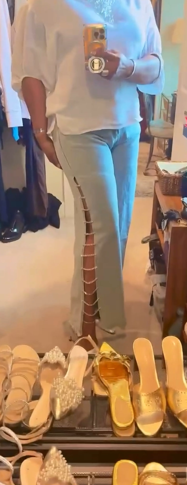 “Rhinestones & Chains” Side Slits, Loose High-Waisted Light Blue Distressed Wide-Leg Jeans