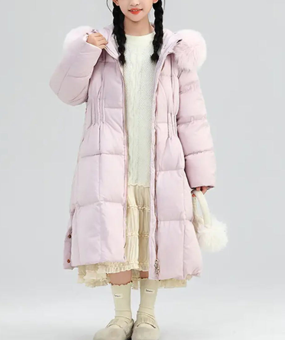 Kids Winter Parka Jacket with Hooded Fur Collar, Full-Zip Closure