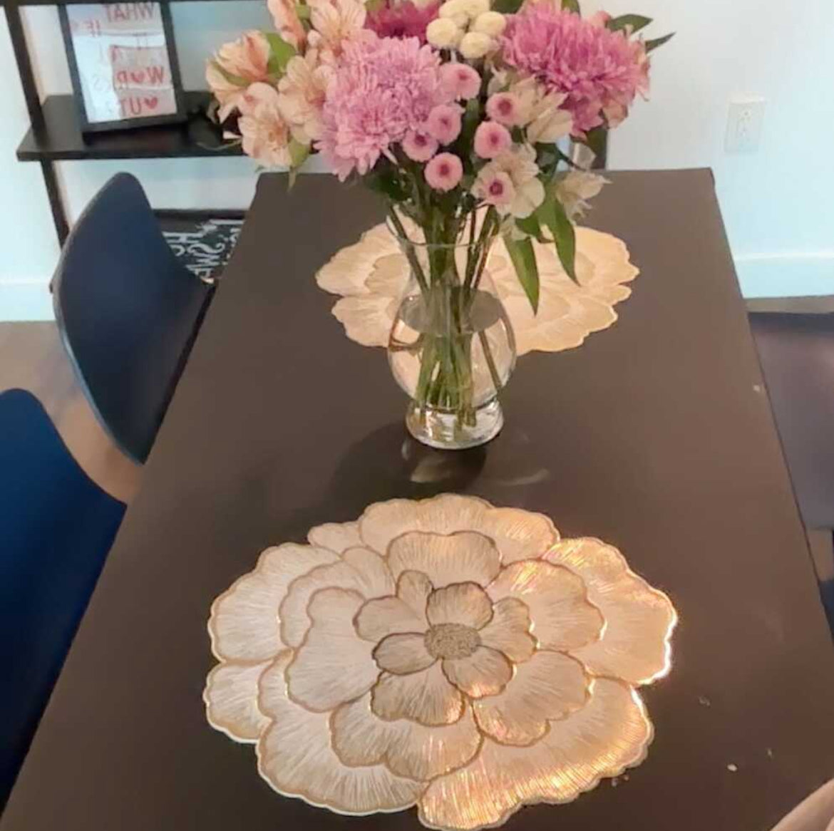 Chic Gold & White Peony Flower Design Placemats | 15 Inch- Washable, Easy To Clean & Heat Resistant