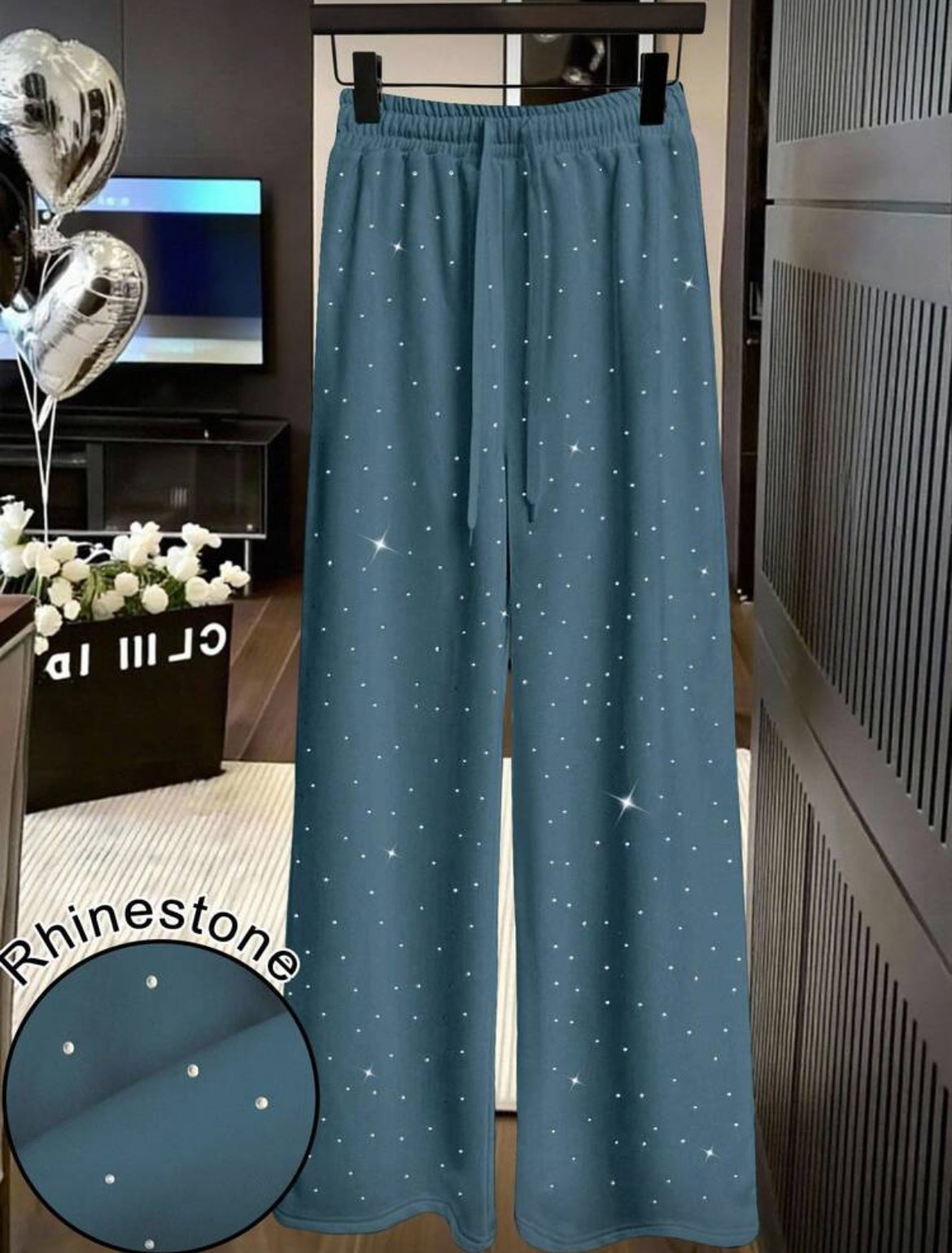 Rhinestone Embellished High Waist Drawstring Loose Fit Sweatpants