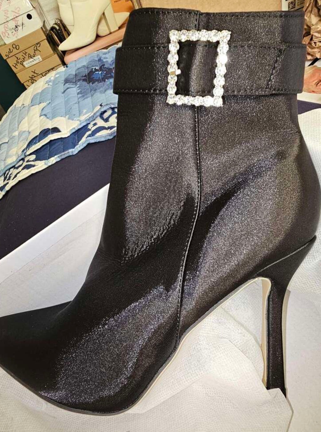 “Rhinestone Buckle” Ankle Suede Boots Pointed Toe & Slim High Heel