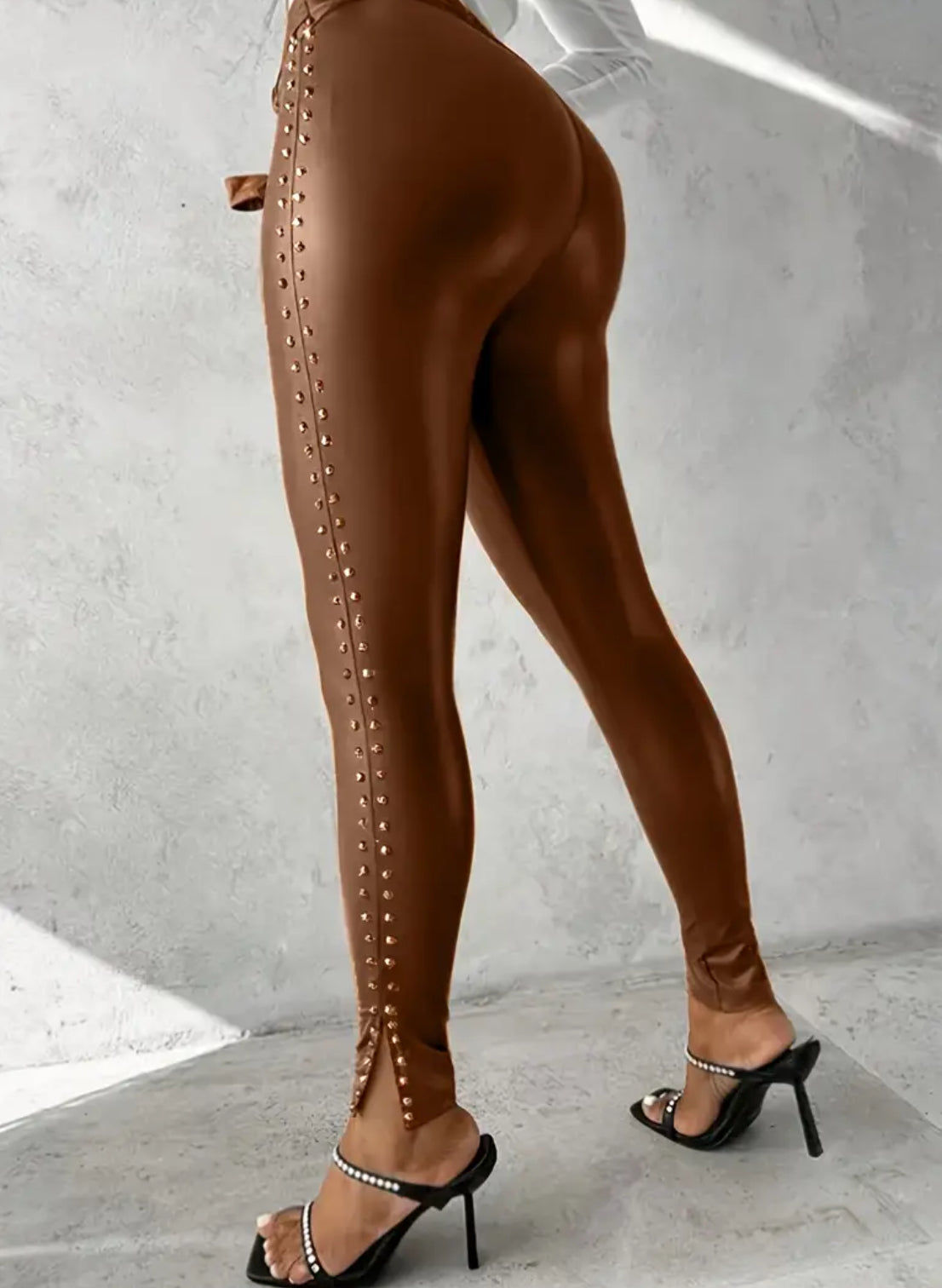 “Aaliyah” Women’s Faux Leather Studded Decor Leggings