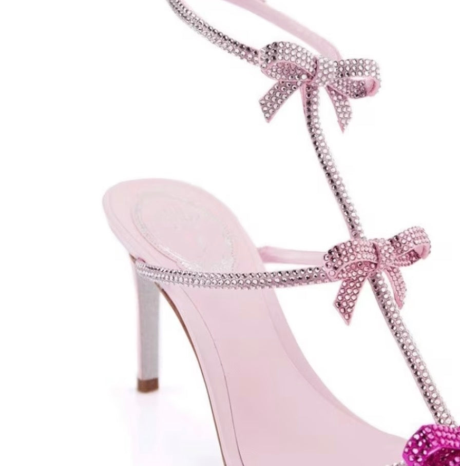 ‘Pink Bows & Rhinestones’ Embellished Bow Strap Sandal Stilettos In Pink 