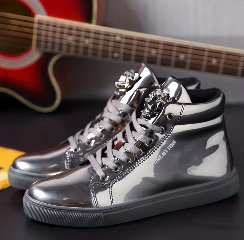 Men's Metallic High-Top Urban Streetwear Sneakers | Lace-Up Closure