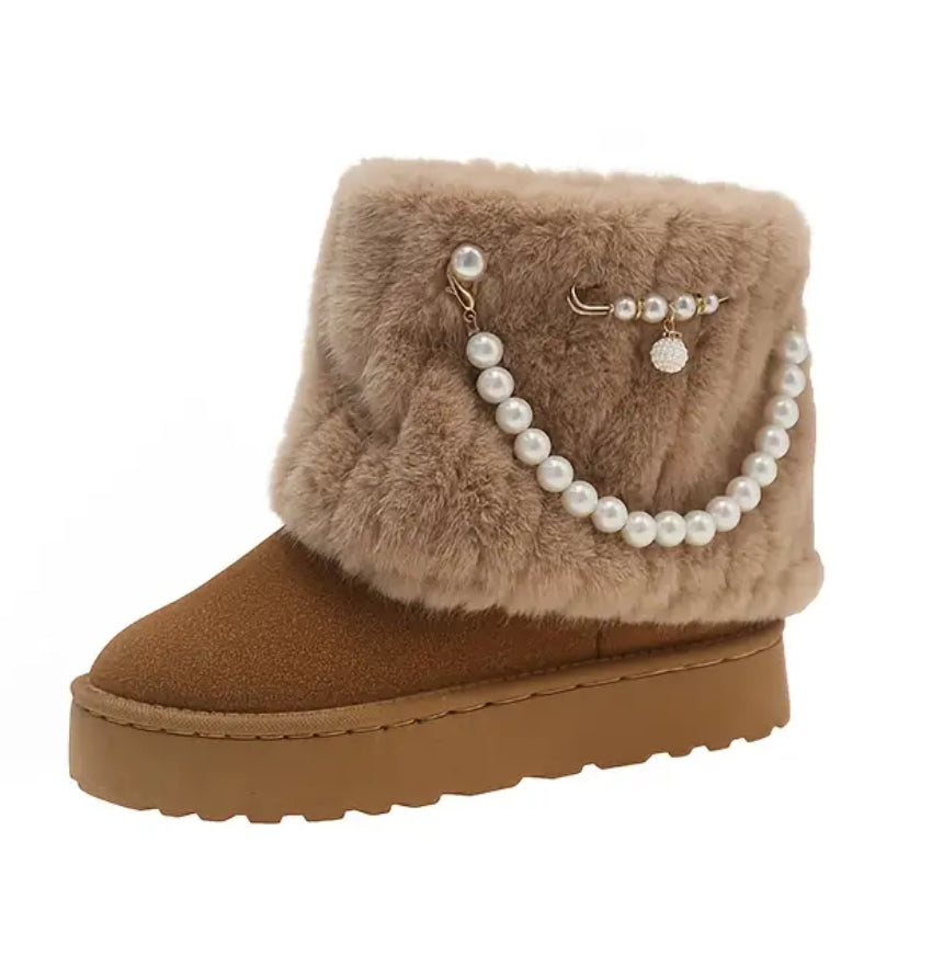 Elegant Ankle Winter Snow Moccasin Boots Faux Fur-like Lining & Pearl Detailing