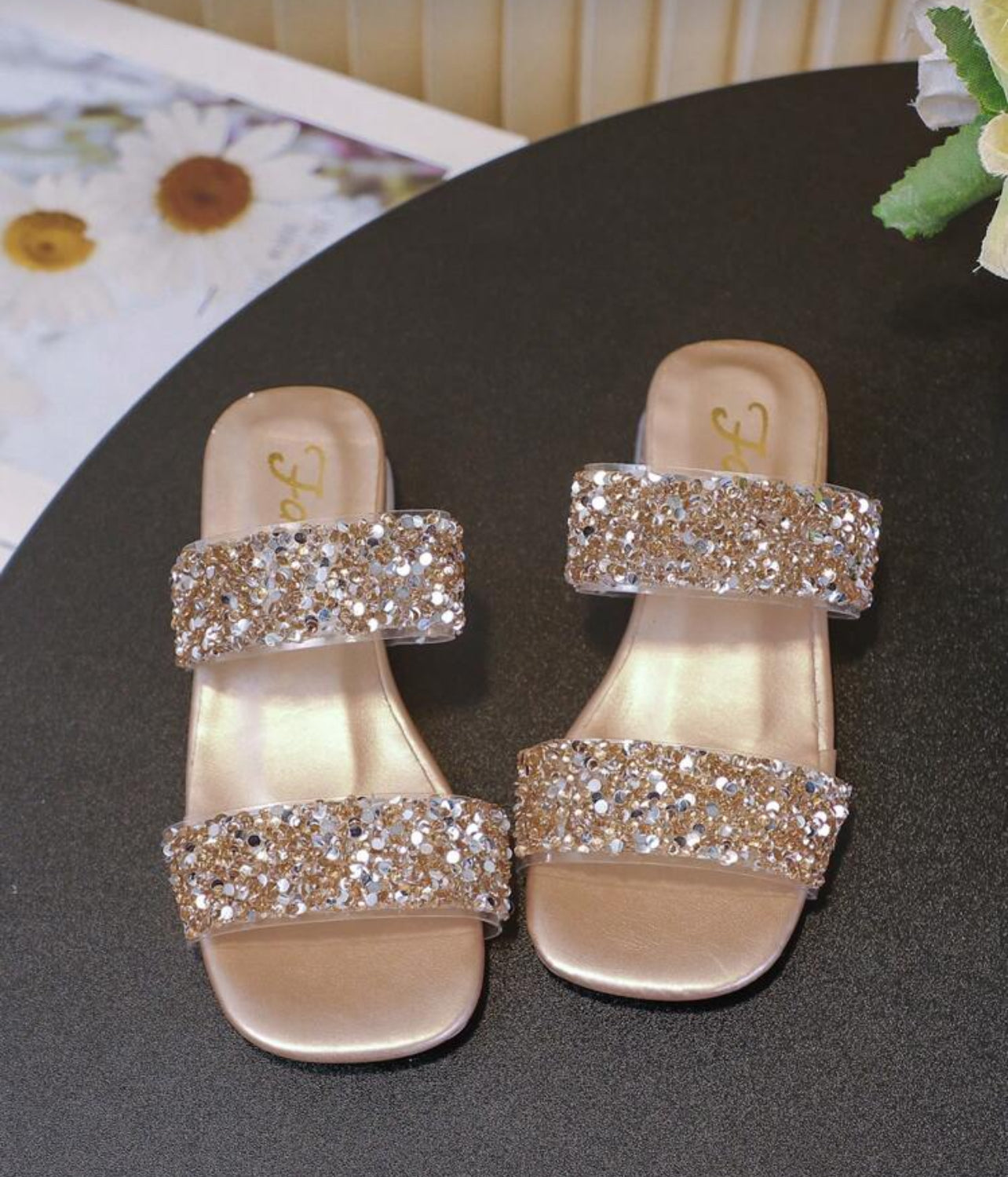 Girl Gold Glitter Fashion Thick Low Heel Wedge Sandals