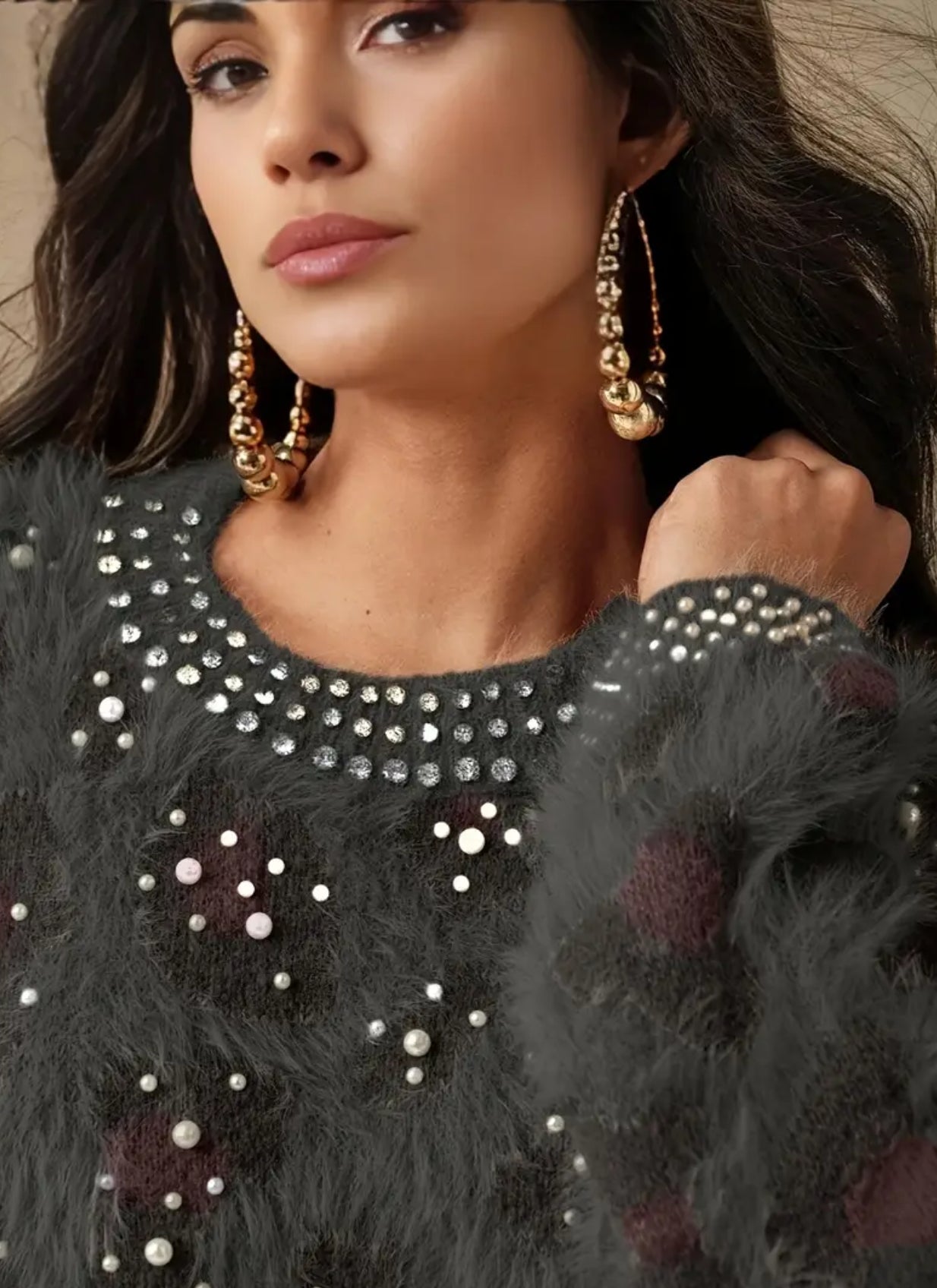 Glamorous Leopard Rhinestones & Beaded Pearls Accent Sweater