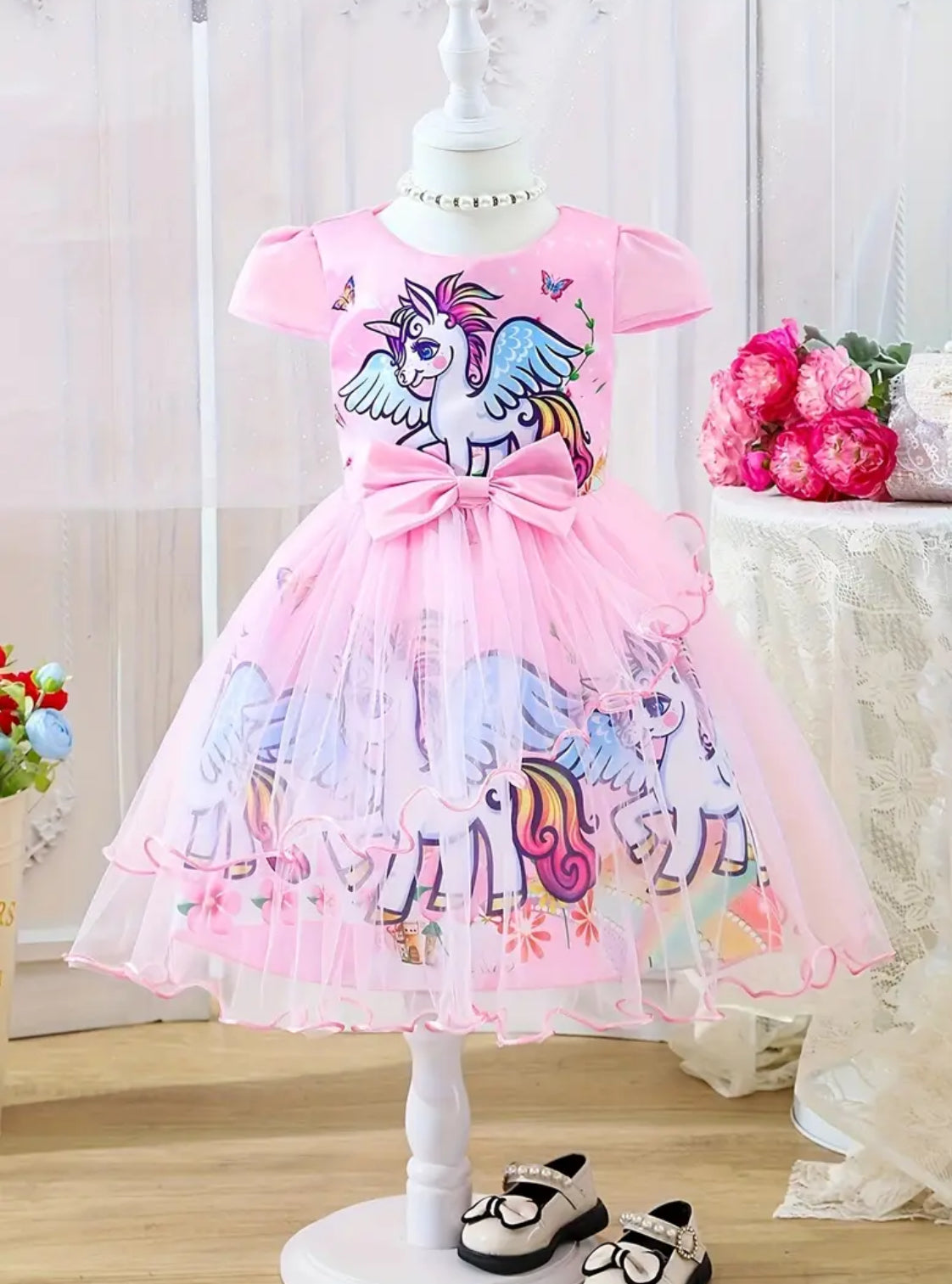 Girls Unicorm Dress Petal Sleeves, Mesh Detail, Knee-Length with Bow Accent 🦄
