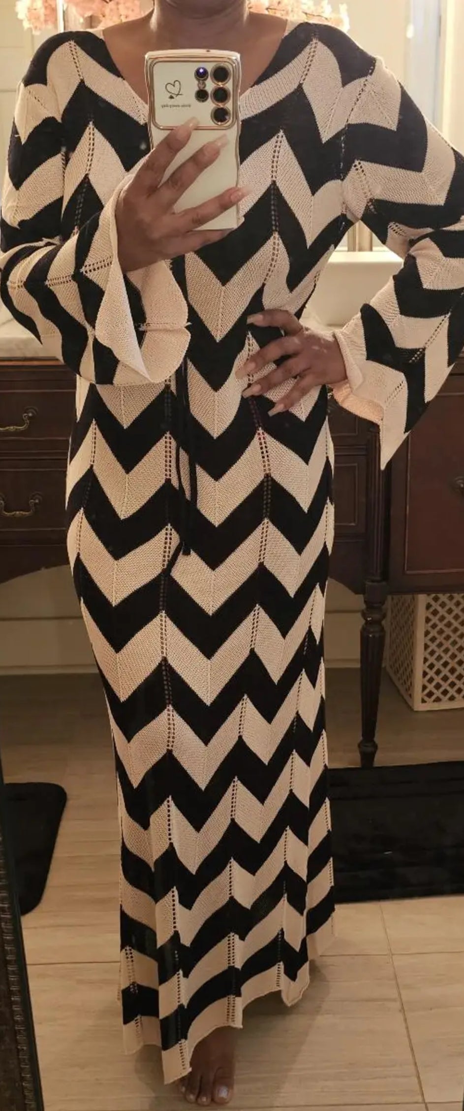 Boho Chic Chevron V-neck Long Dress |Long Dress Tie-Up Low Cut Bust Detail