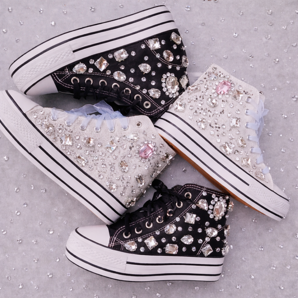 “Crystals” Women’s Embellished Thick Bottom High Top Canvas Designer Sneakers 