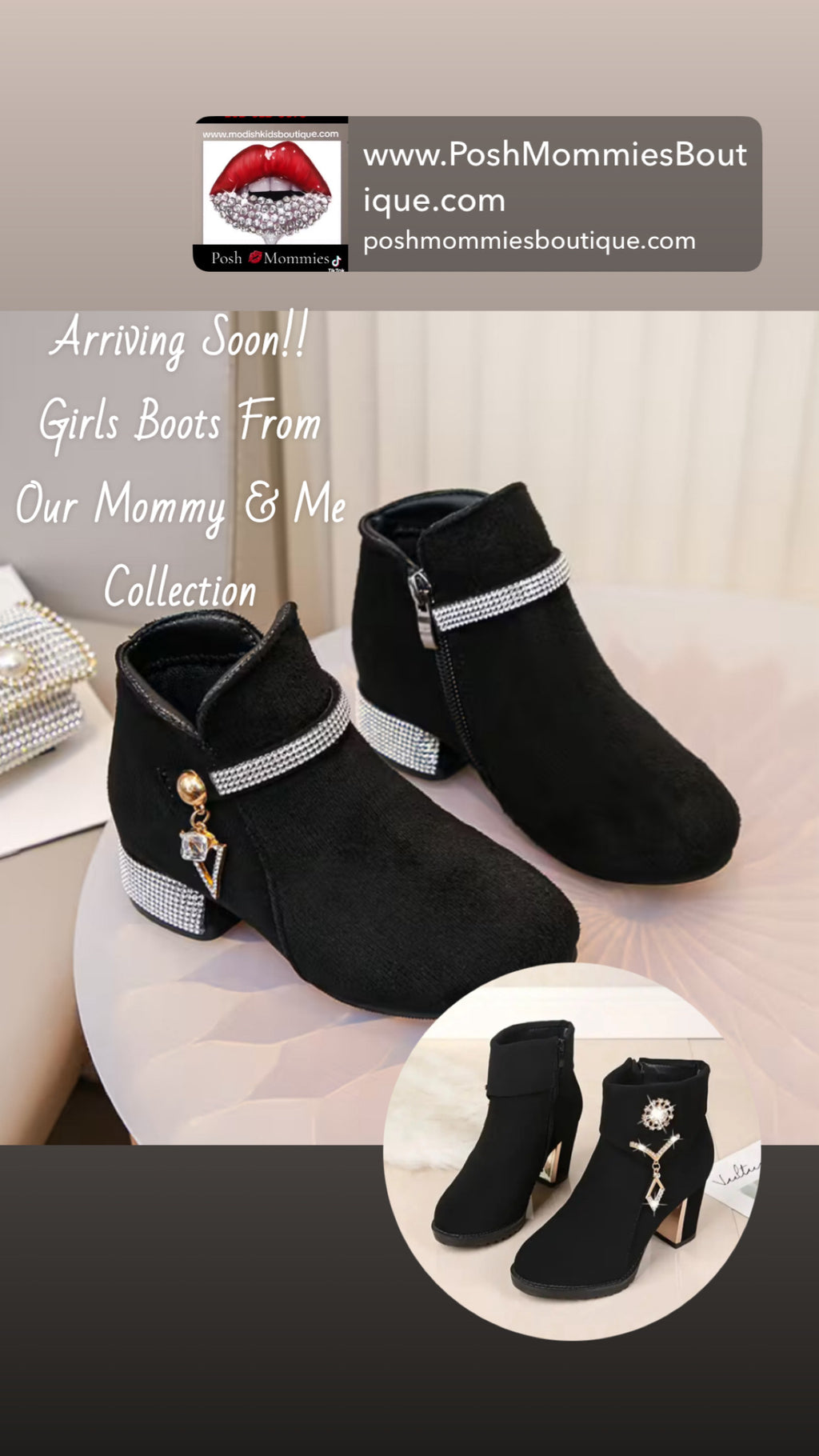 Women’s Round-Toe Chunky-Heeled Ankle Boots with Rhinestone  Pendants +Side Zipper Design