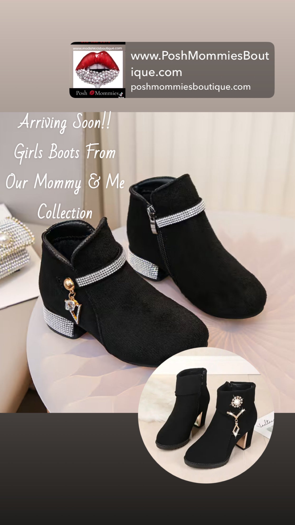 Women’s Round-Toe Chunky-Heeled Ankle Boots with Rhinestone  Pendants +Side Zipper Design