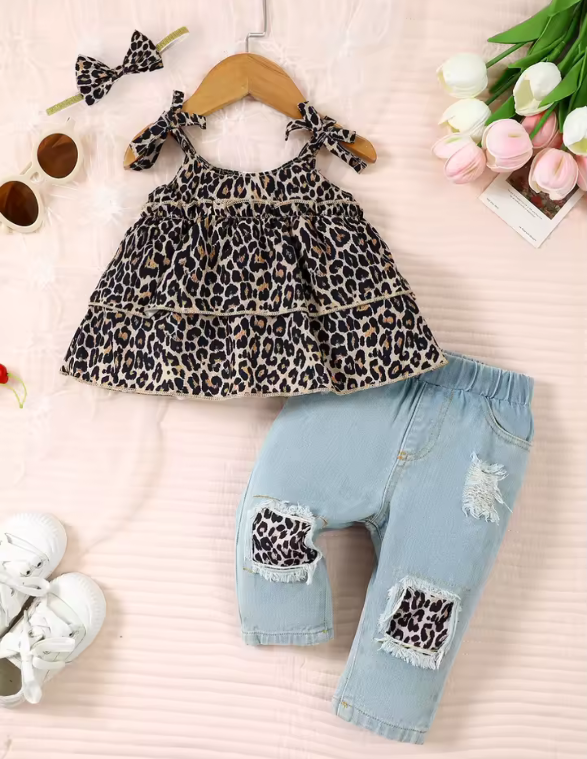3Pcs Toddler Girl Set Leopard Bow Top+Blue jeans+Headband |  European and American Style 