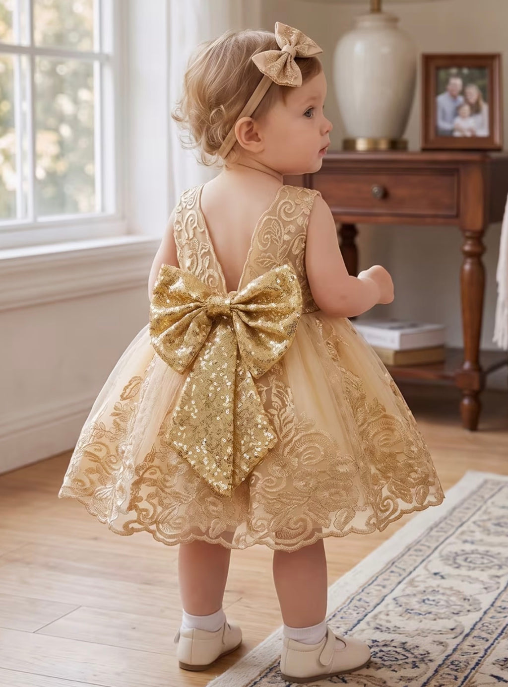 Golden Embroidery Lace Tulle Tutu Dress with Matching Headband