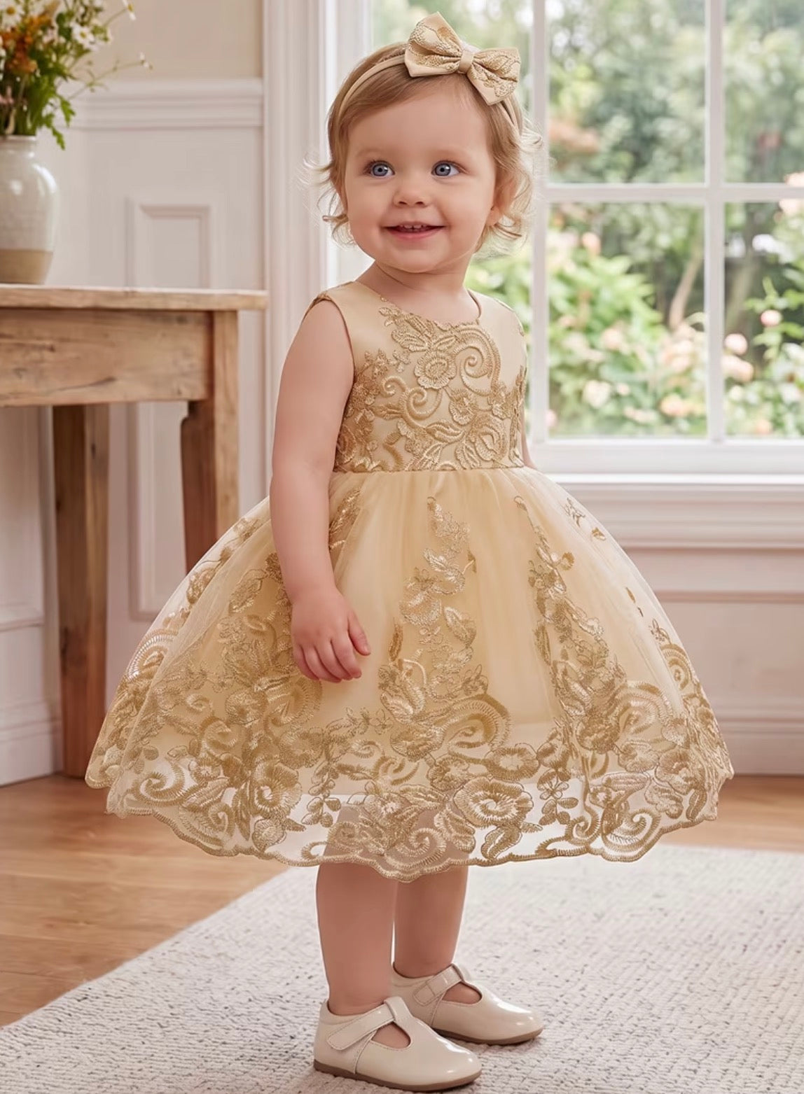 Golden Embroidery Lace Tulle Tutu Dress with Matching Headband