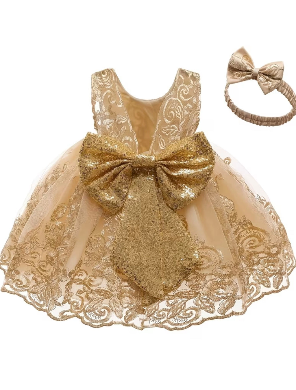 Golden Embroidery Lace Tulle Tutu Dress with Matching Headband