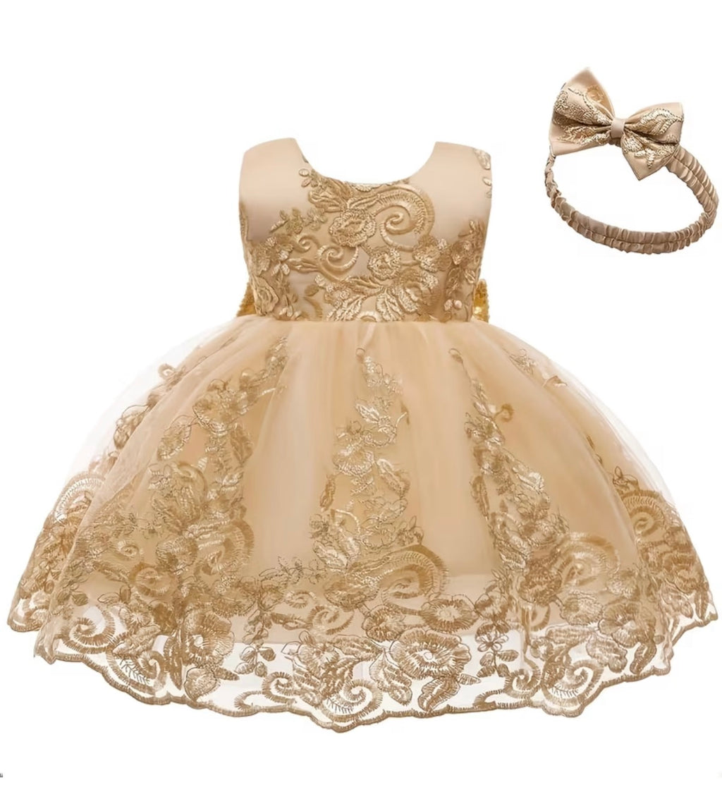 Golden Embroidery Lace Tulle Tutu Dress with Matching Headband