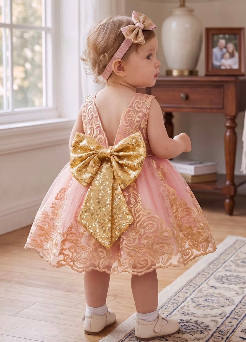 Golden Embroidery Lace Tulle Tutu Dress with Matching Headband