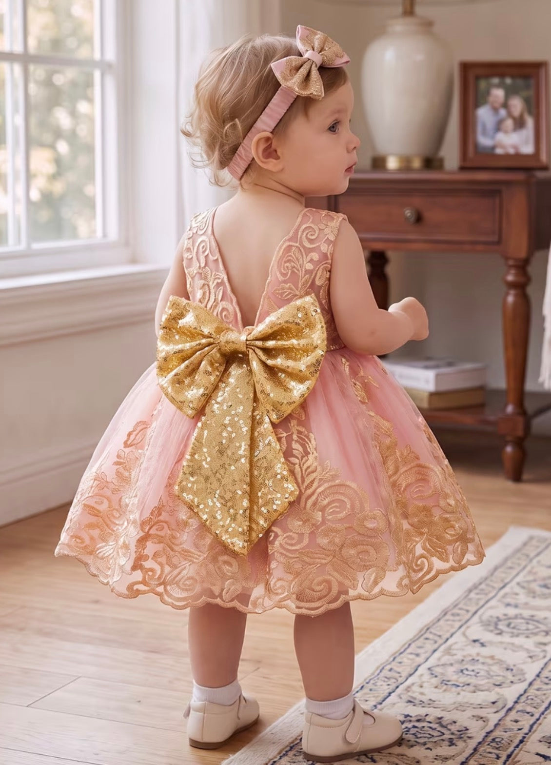 Golden Embroidery Lace Tulle Tutu Dress with Matching Headband