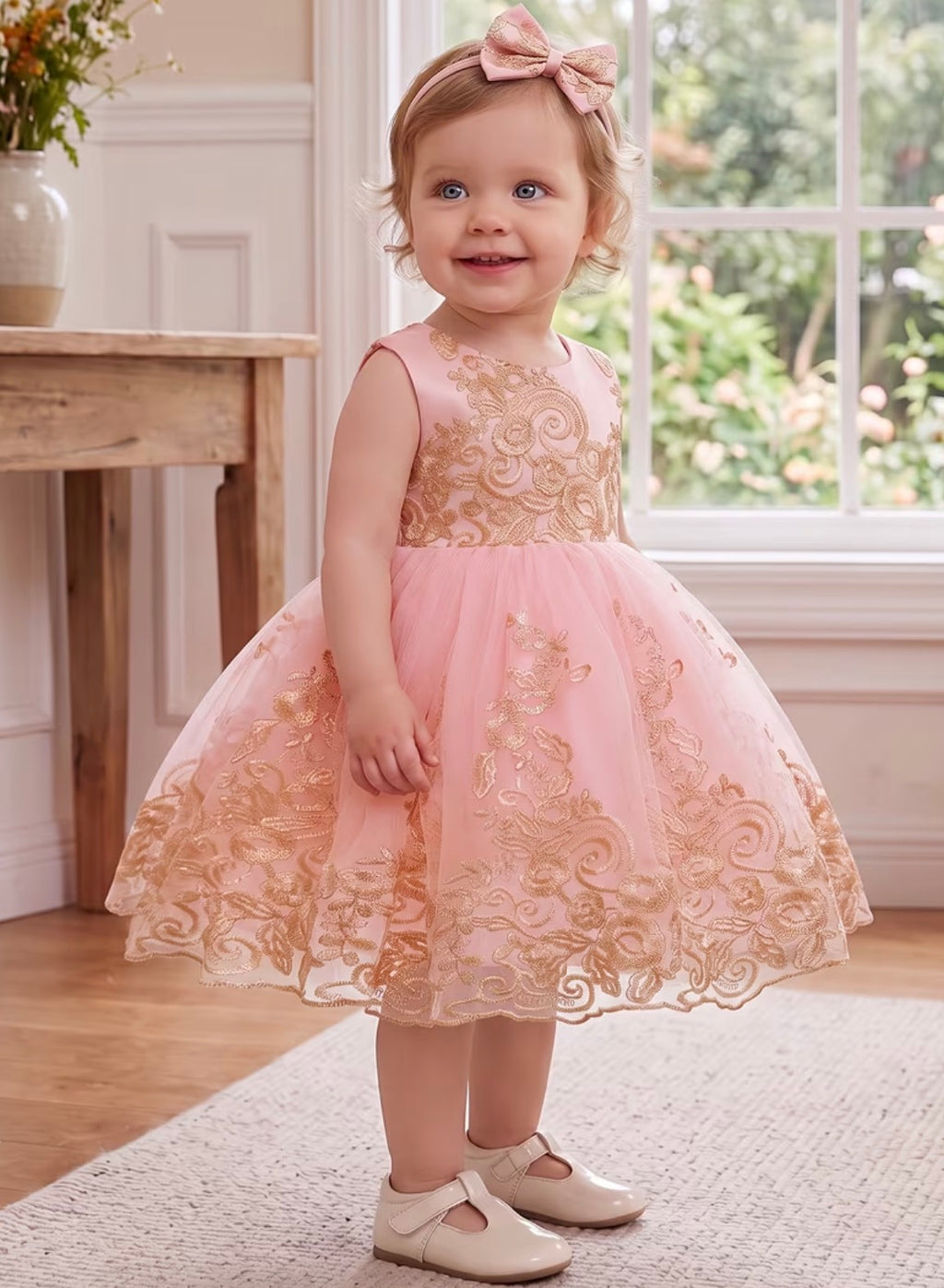 Golden Embroidery Lace Tulle Tutu Dress with Matching Headband