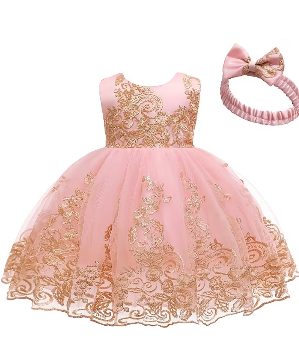 Golden Embroidery Lace Tulle Tutu Dress with Matching Headband